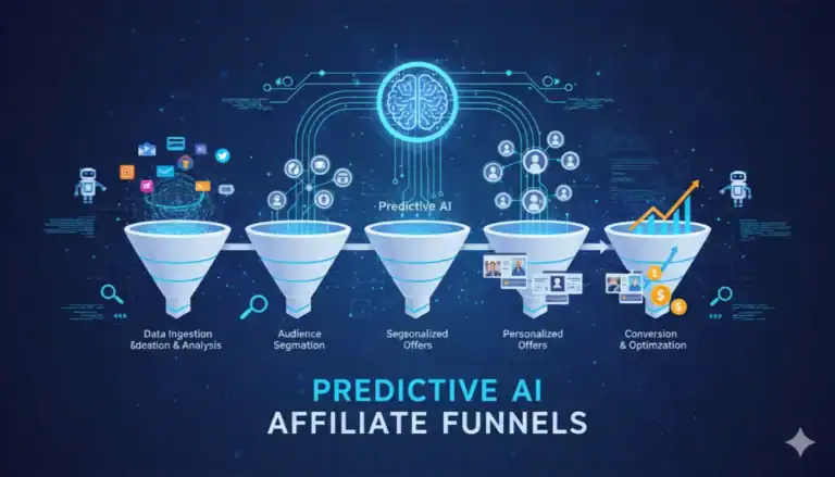 Predictive AI affiliate funnels diagram: data ingestion, audience segmentation, personalized offers, conversion.